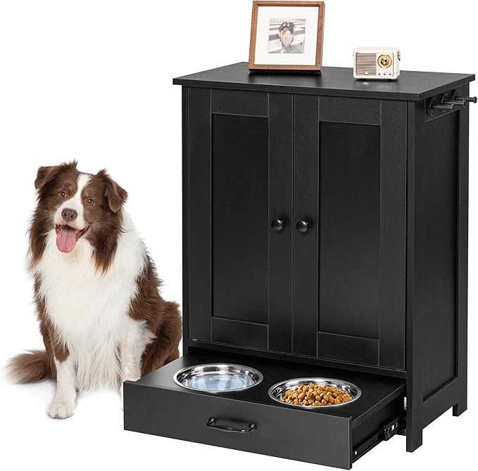 Dog Feeding Station with Storage Cabinet and 2 Elevated Bowls