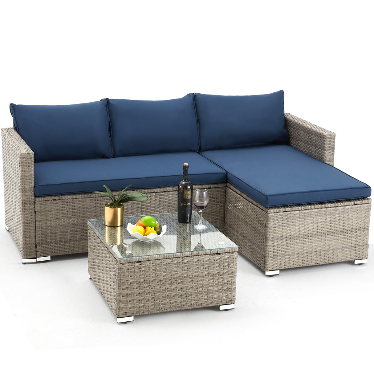 Outdoor Patio Furniture Sets, All-Weather Sectional Sofa with Tempered Glass Table