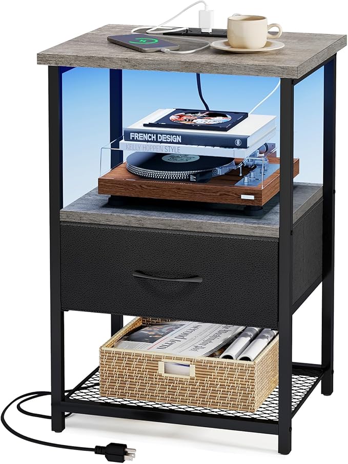 Night Stand Set of 2 with Charging Station, LED Nightstand