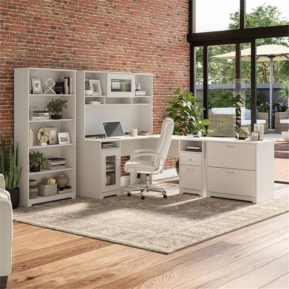 L Shaped Desk with Hutch, 5 Shelf Bookcase and Lateral File Cabinet | Cabot Collection Corner Computer Table with Storage and Bookshelf | 60Wx23DX37W
