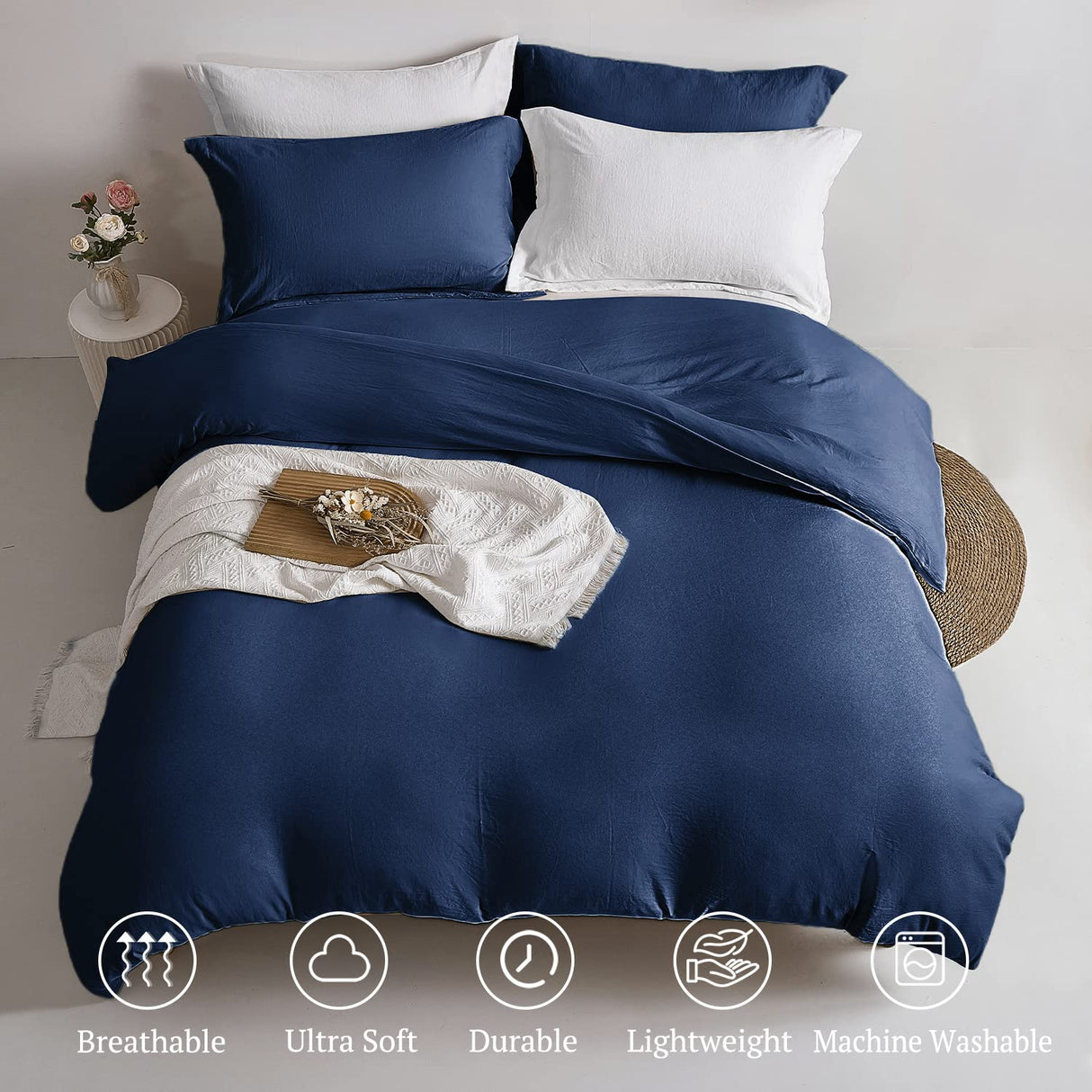 Super Soft Duvet Cover - 100% Washed Microfiber Navy Blue Comforter Cover