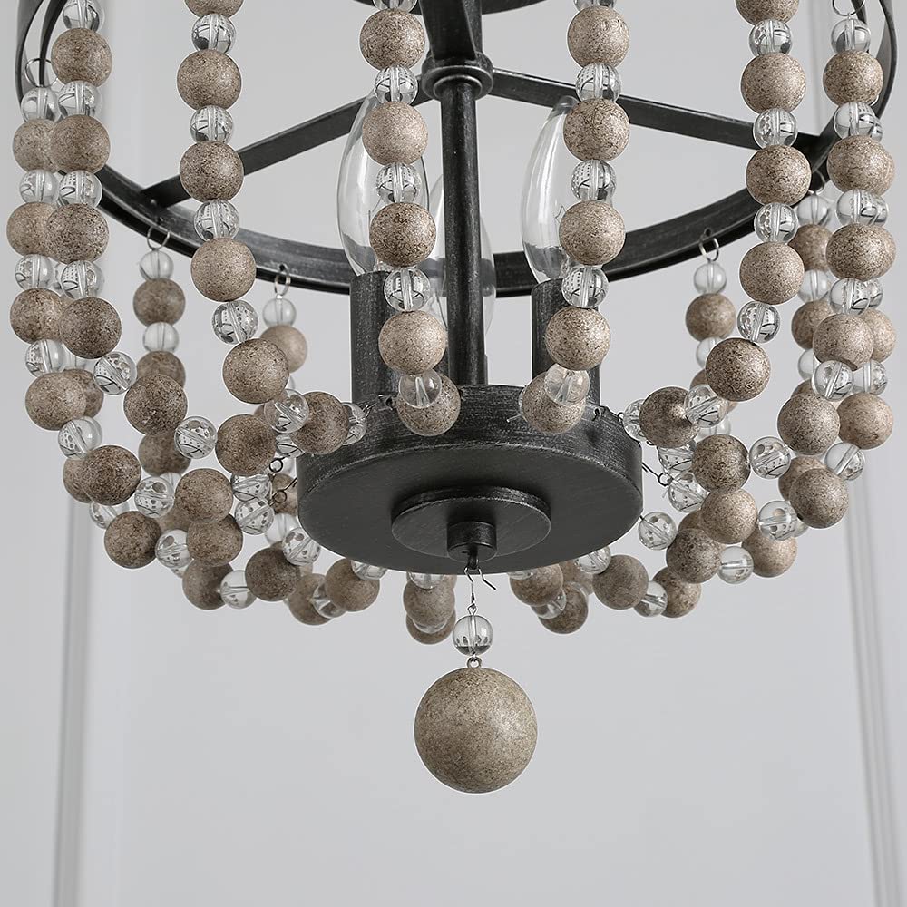 LALUZ Ceiling Light Fixture, 3-Light Bohemian Lighting for Entryway, Foyer, Distressed Wood Bead Chandelier, Dark Silver Brushed, 12 D” x 13.6” H