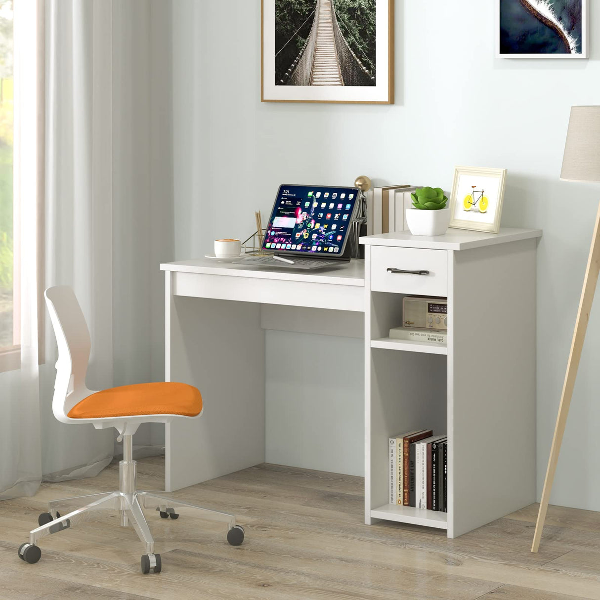 White Computer Desk, 40" Study Writing Desk with Drawers and Printer Shelves, Modern