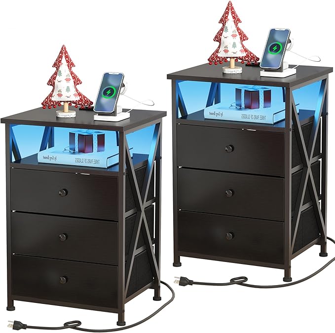 Nightstands Set of 2, Modern Design, LED Light, Night Stand