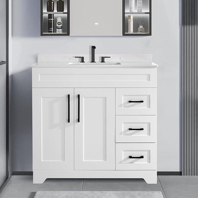 30" Bathroom Vanity with Sink, Engineered Stone Countertop&Undermount Center Rectangular Sink