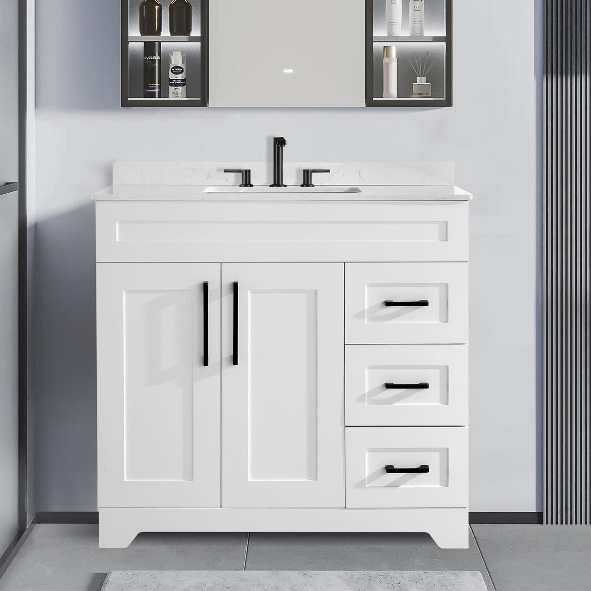 36" Bathroom Vanity with Sink,Engineered Stone Countertop&Undermount Center Rectangular Sink