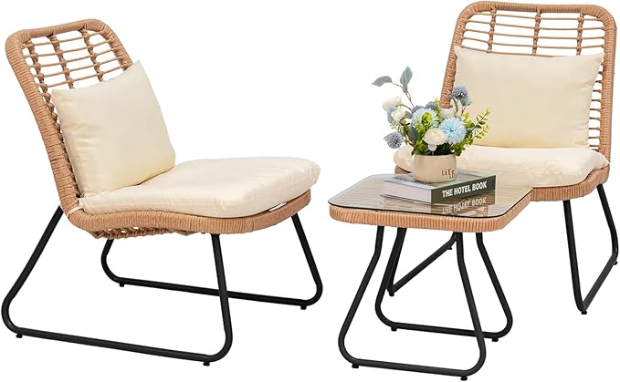 3 Piece Outdoor Wicker Furniture Patio Bistro Set, Balcony Furniture Rattan Conversation