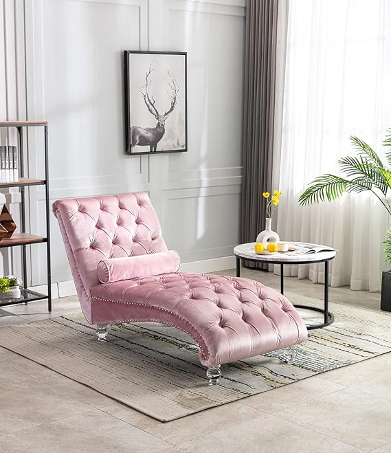 Velvet Chaise Lounge Chair with Toss Pillow