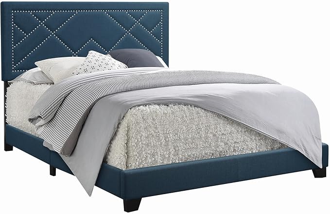 Fabric Upholstered Queen Bed with Block Legs, Blue, Brown