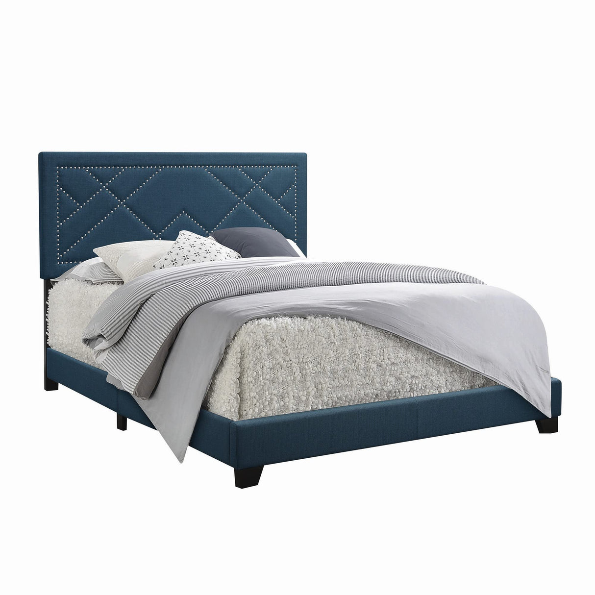 Fabric Upholstered Queen Bed with Block Legs, Blue, Brown