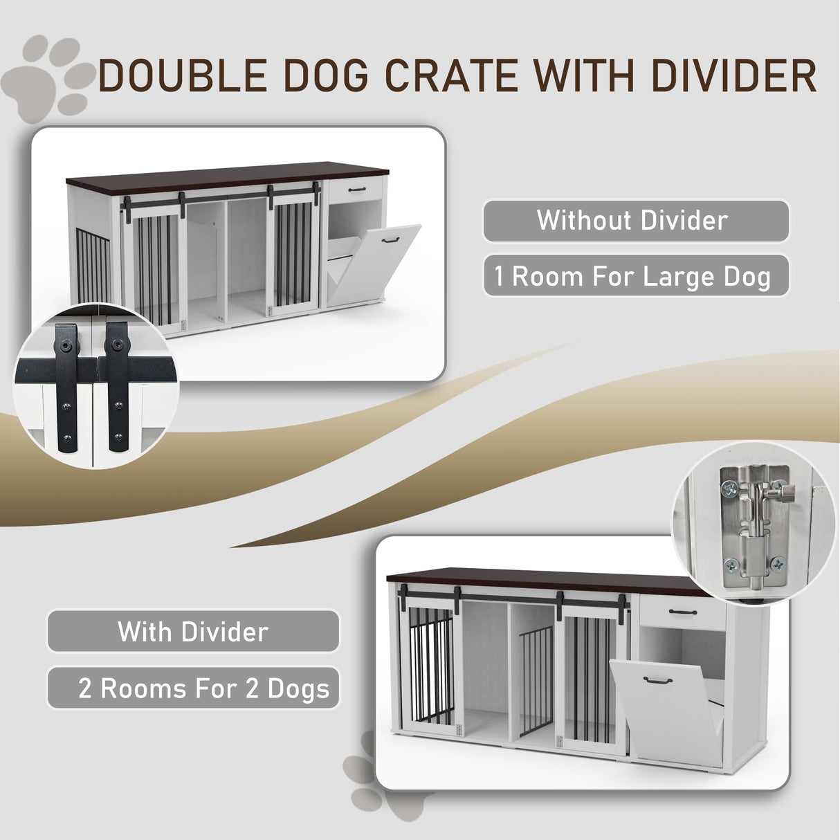 Large Dog Crate Furniture - 71 Inch Wooden Double Crate with Storage