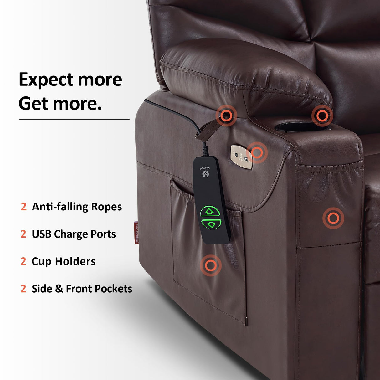 MCombo Power Lift Recliner Chair, 2 Cup Holders, USB Ports for Elderly People, Faux Leather 7287 (Dark Brown, Medium-Regular)