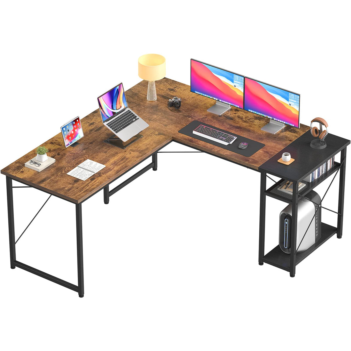 L-Shaped Computer Desk, Industrial Corner Desk Writing Study Table with Storage Shelves, Space-Saving, Large Gaming Desk 2 Person Table for Home Office Workstation, Rustic Brown/Black