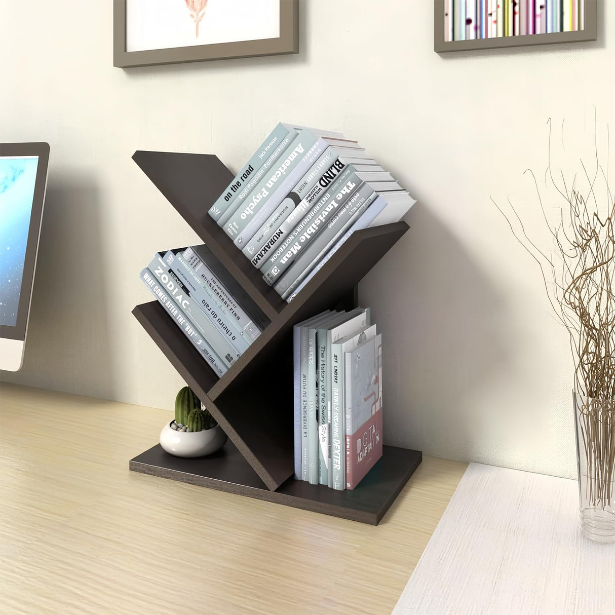 Godferyxin Book Tree Bookshelf, 3-Tier Wood Bookshelf Tree Bookcase for Displaying Books, CDs, Magazines and More at Office, Home or School