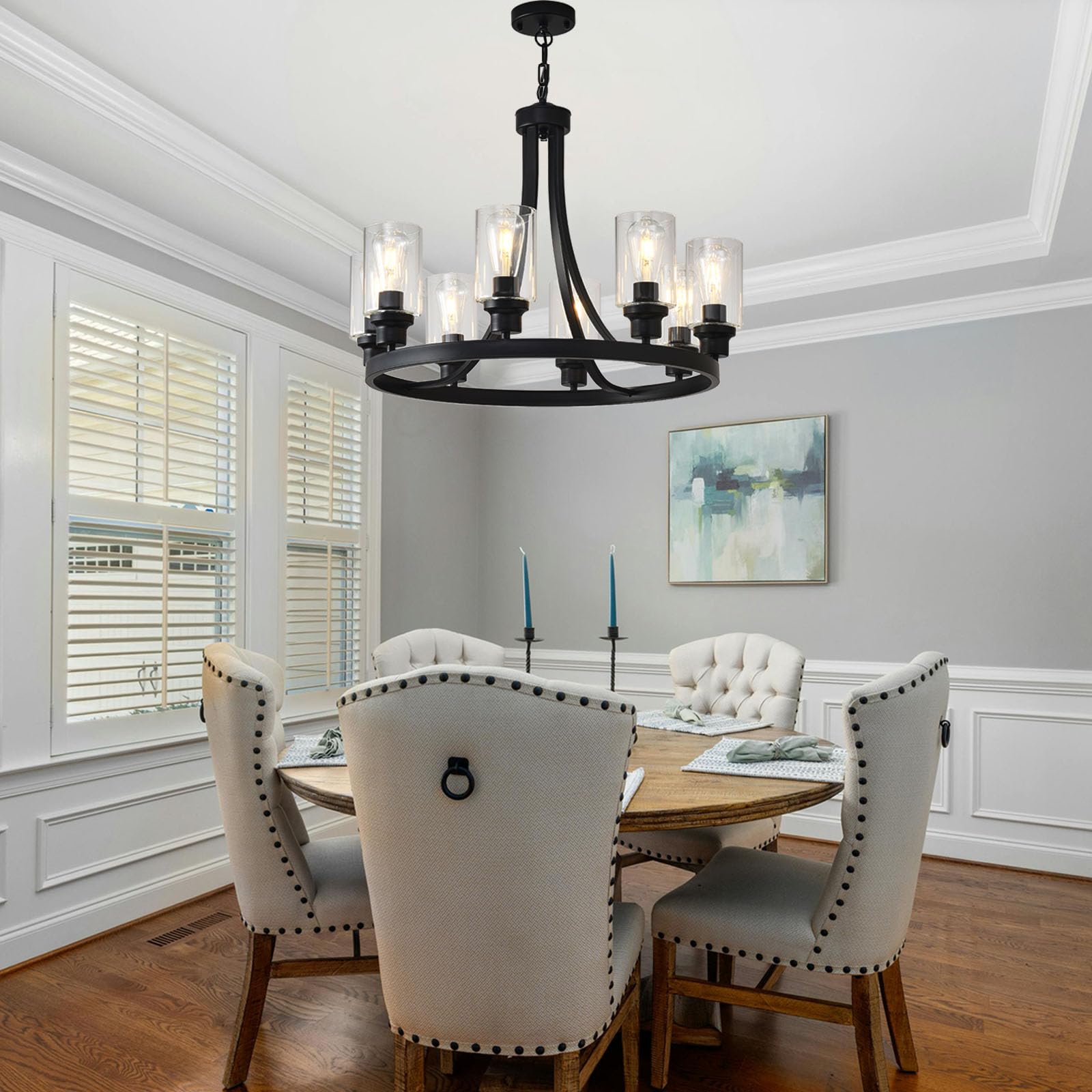 LOFTPLUS Farmhouse Chandelier Black Dining Room Light Fixture 8-Light Ceiling Hanging Rustic Wagon Wheel Chandeliers for Living Room Bedroom Foyer Porch Kitchen Island