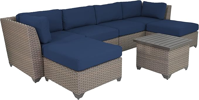 Florence 7 Piece Outdoor Wicker Patio Furniture Set, Navy