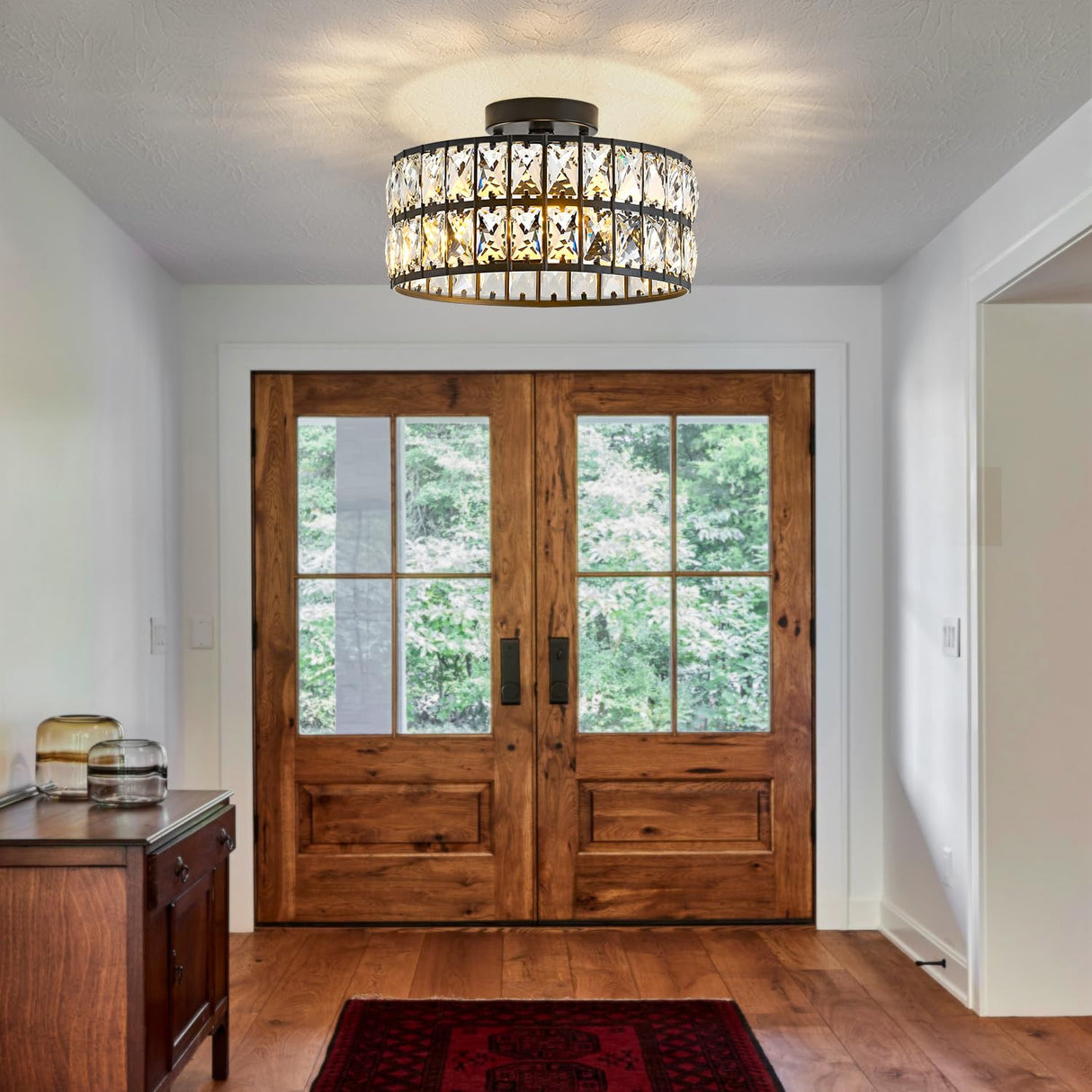 Modern Bedroom Light Fixtures Ceiling, 12.5" Round Drum Crystal Chandelier 3-Light