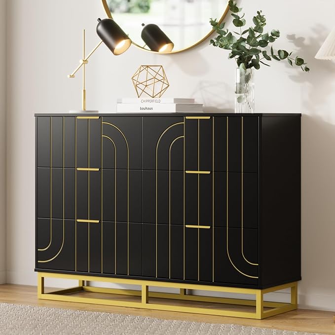 Modern 6 Drawer Dresser for Bedroom, Double TV Stand Dresser with Metal Base