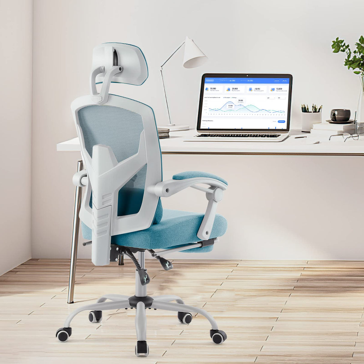 Ergonomic High-Back Mesh Office Chair with Footrest - Blue