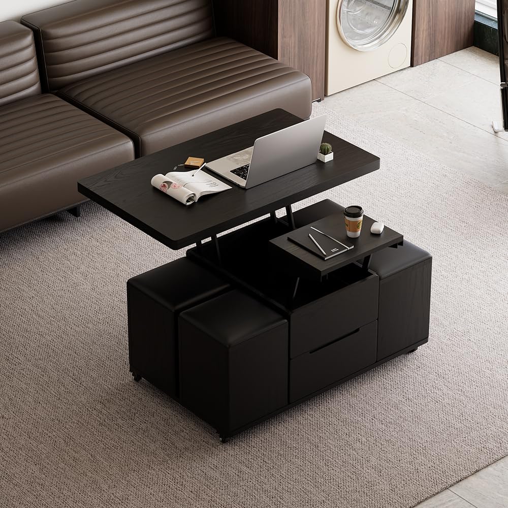 Black Lift-Top Coffee Table with Hidden Storage, 3-in-1 Modern Folding Center Table
