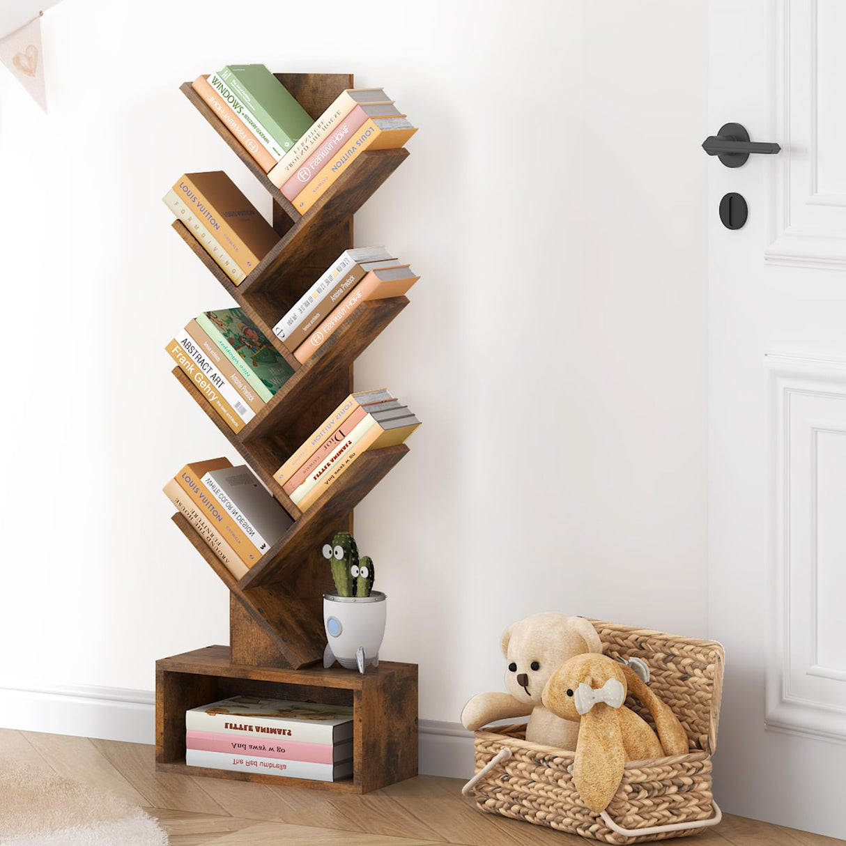 6 Tier Tree Bookshelf, Tall Bookcase with Drawer, Freestanding Book Shelf