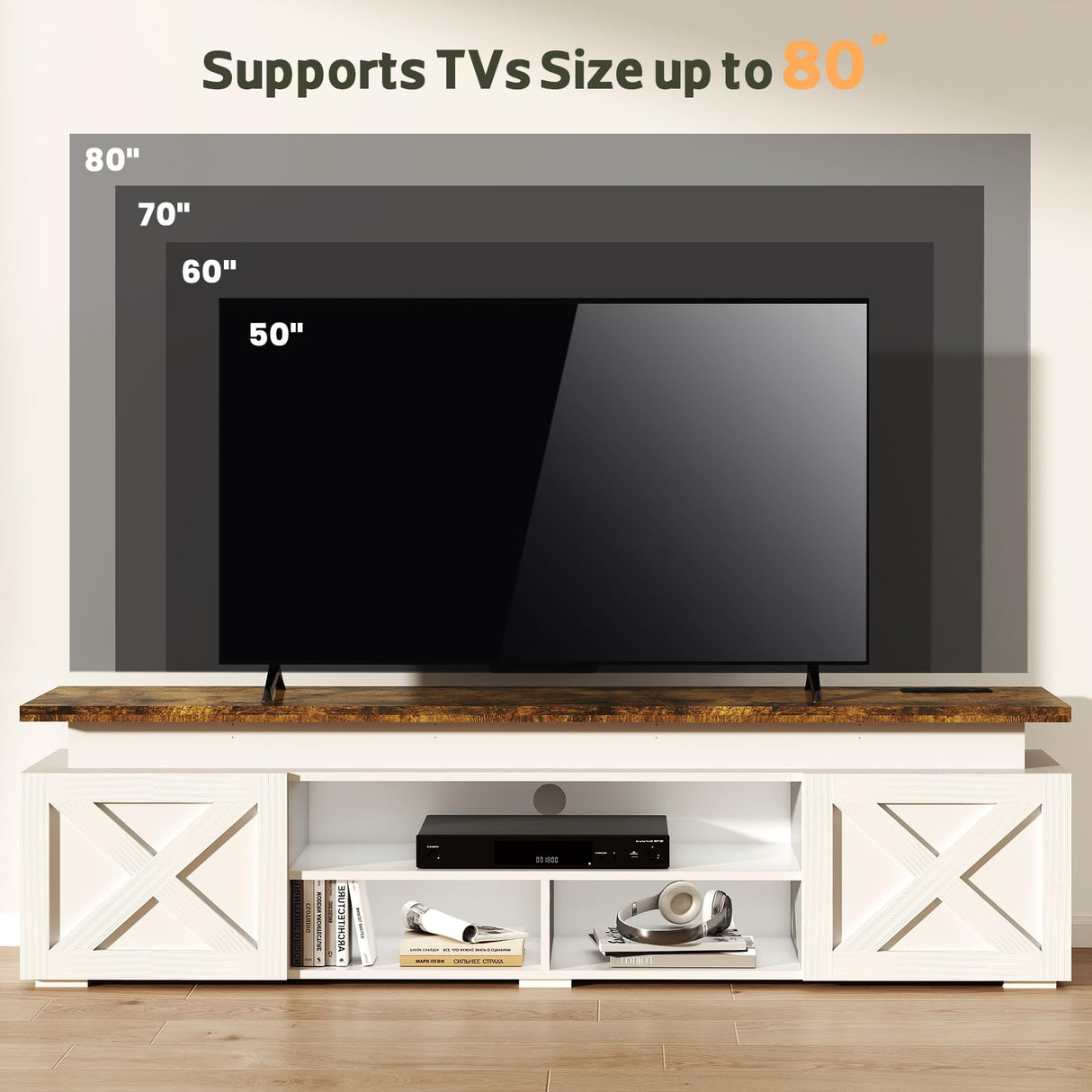 Farmhouse TV Stand for 80 Inch TV with RGB Lighting and Power Outlets