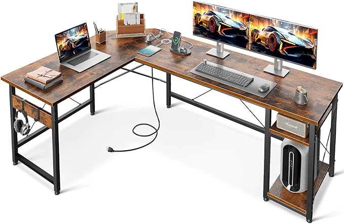 L Shaped Computer Desk 66" with Power Outlet & Storage Shelves