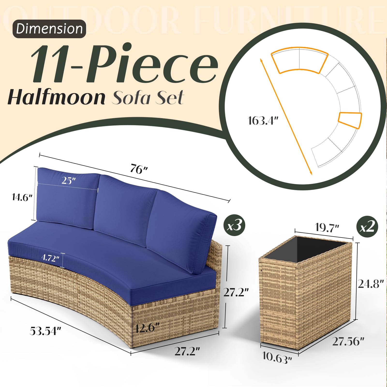 Patio Conversation Set, 11 Piece Half-Moon Sectional Round Patio Furniture Set