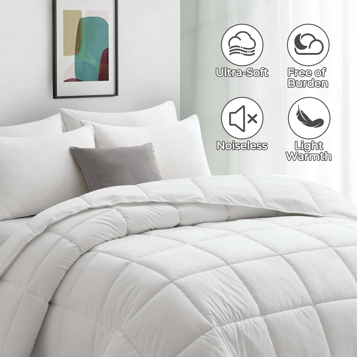 Feather and Down Comforter King Size, Lightweight Duvet Insert, Ultra-Soft 100% Cotton Shell Light Warmth Bedding Comforters(White