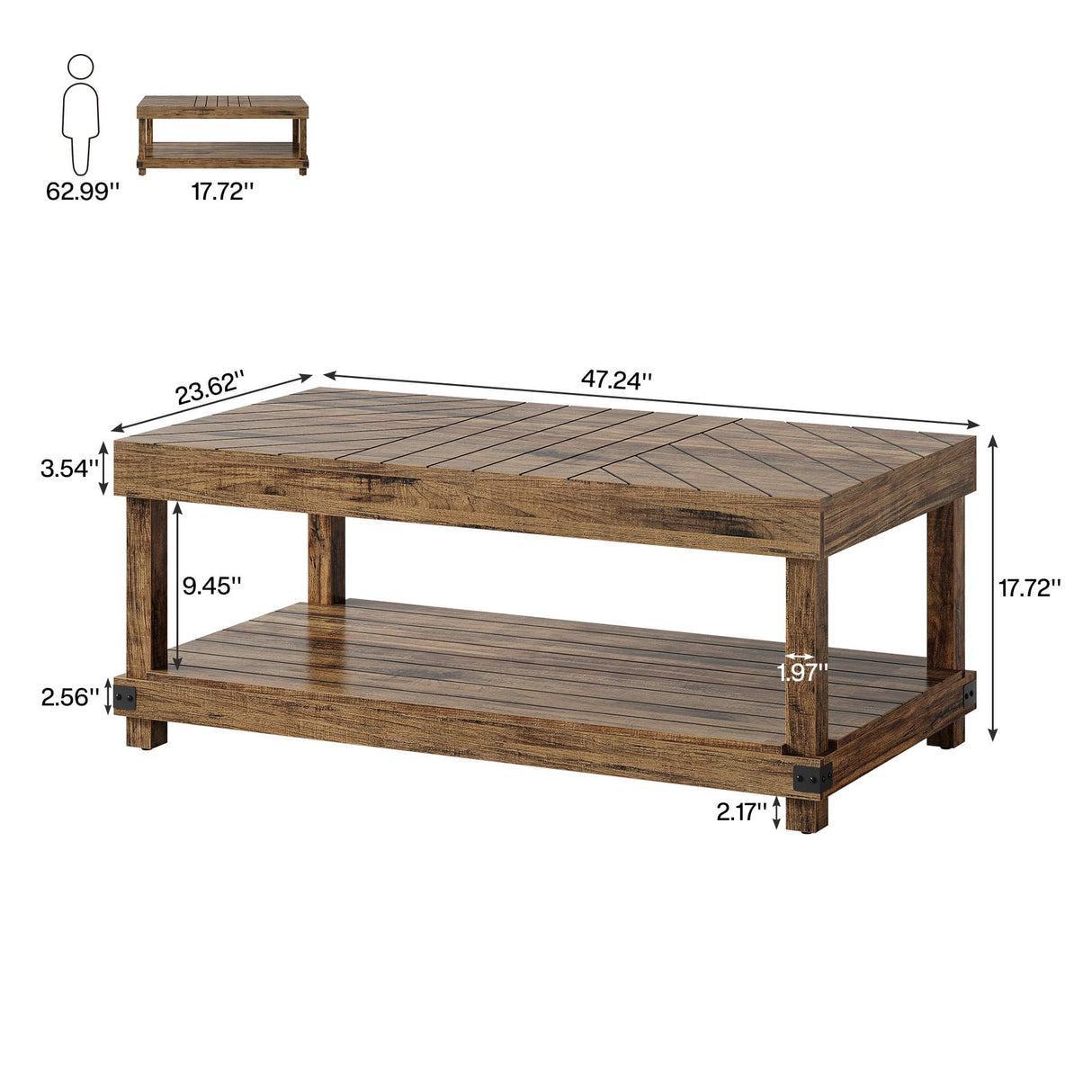 Tribesigns Farmhouse Coffee Table, 47-Inch Wood Center Table with Storage Shelf, 2-Tier Rectangle Cocktail Tea Table with Sturdy Frame for Living Room, Rustic Brown