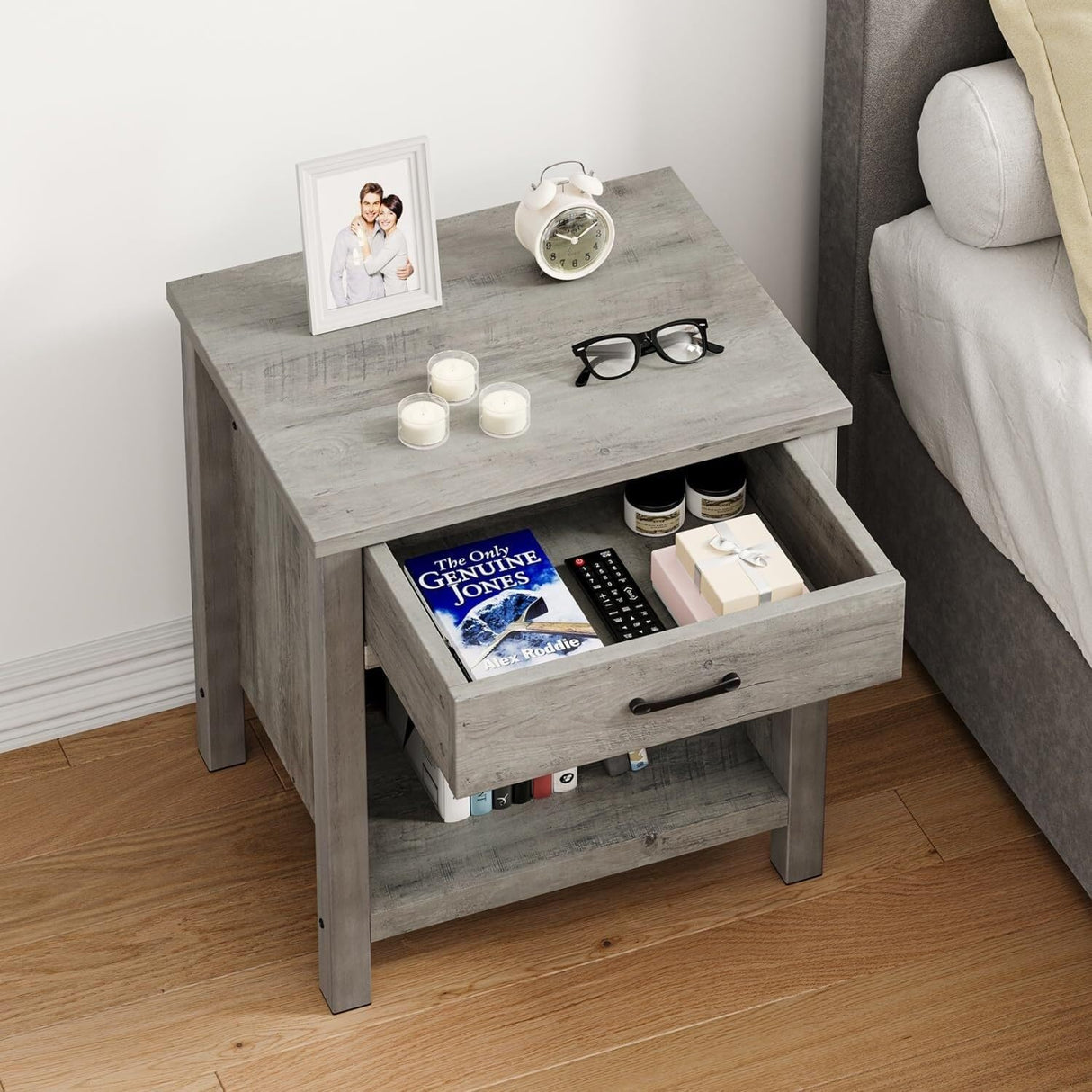 Farmhouse Square Nightstand, Bedside Table with Drawer Grey