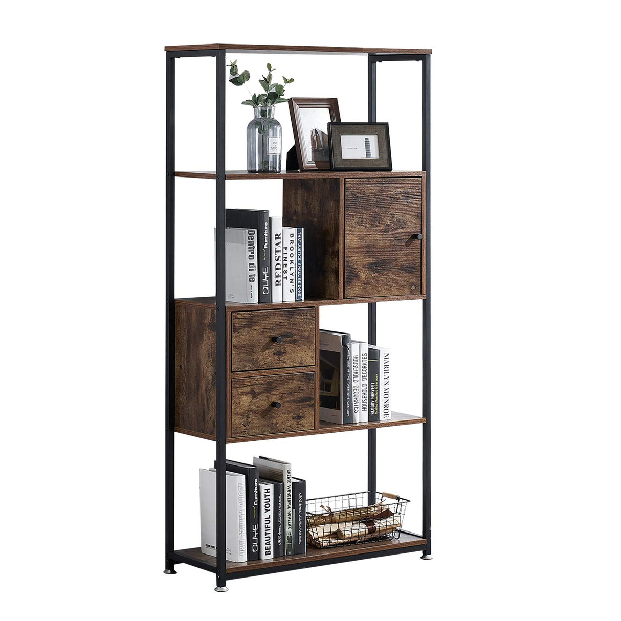 Bookshelf/Bookcase,Open Book Shelf with Middle Drawers Storage Organizer for Living