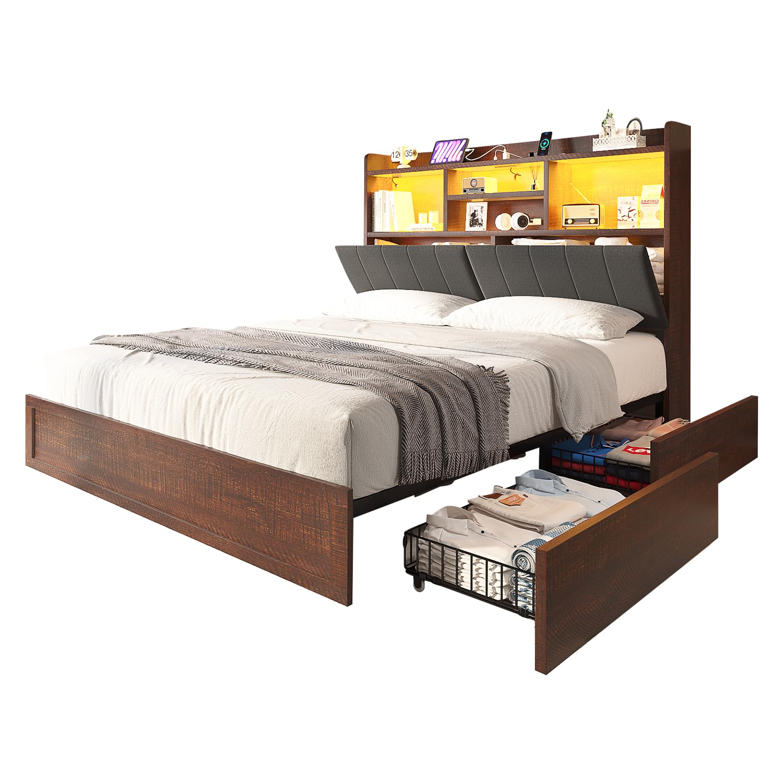 LUXOAK King Farmhouse Bed Frame with Bookcase Headboard and 4 Drawers, LED Storage Bed with Charging Station & Linen Upholstered, No Box Spring Needed, Reclaimed Barnwood