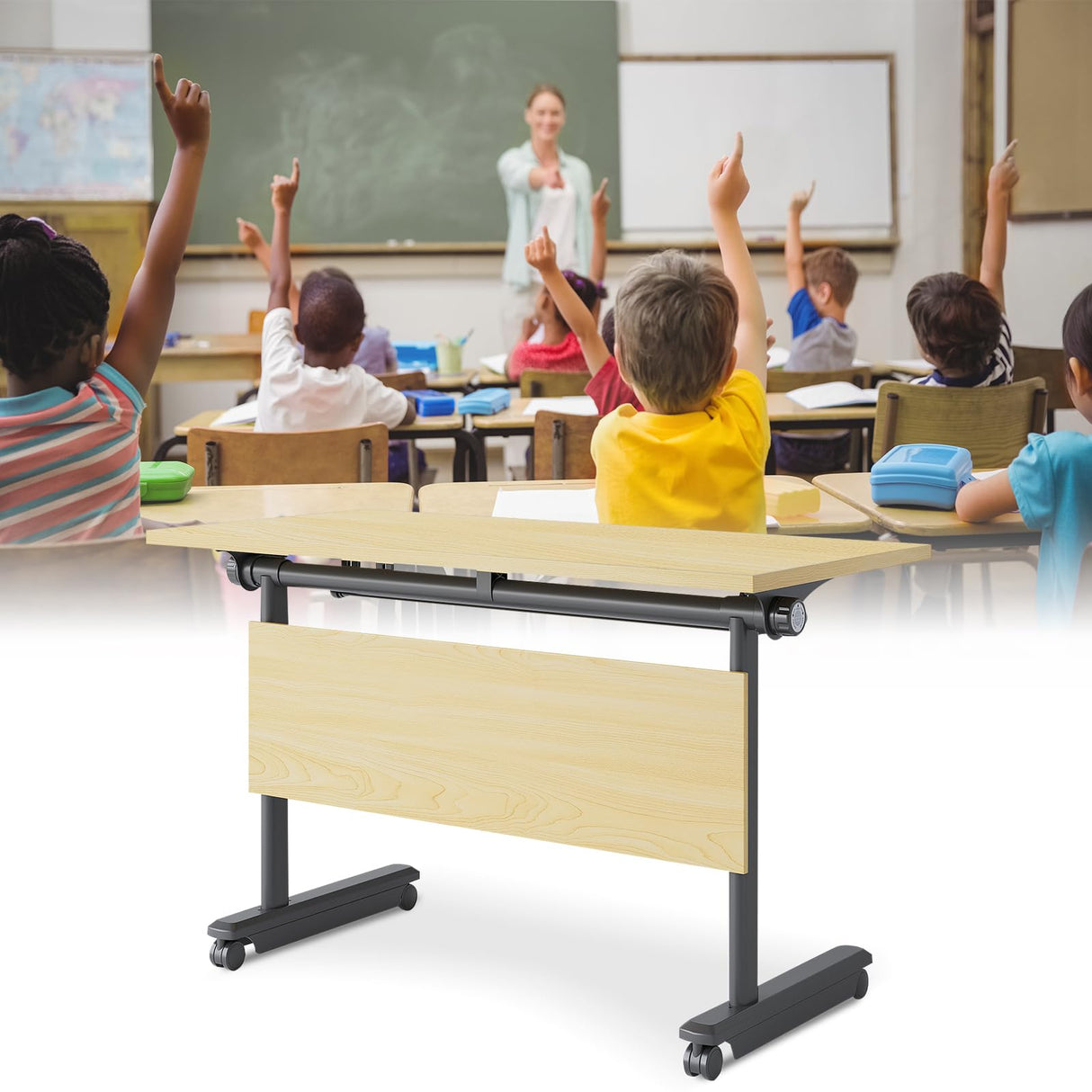 Table,Modern Wood Color Office Folding Flip Top Mobile Training Table with Chair 61"