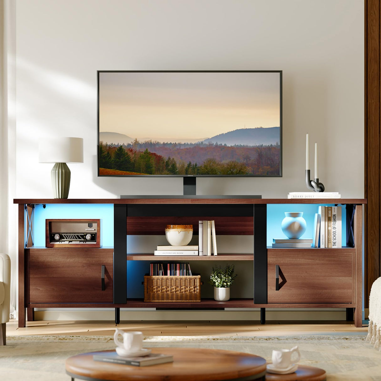 Farmhouse TV Stand for 70 Inch TV with LED Lights - 63 Inch Entertainment Center