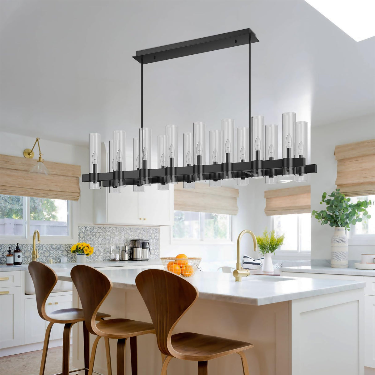 54 Inch Black Chandelier Linear with Clear Glass Shade