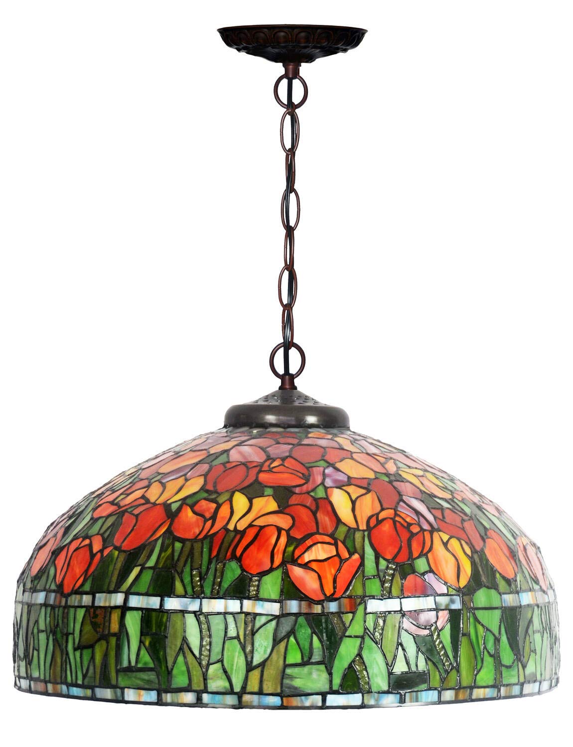 HT Tiffany Style Hanging Pendant Lamp 20 Inch Wide Red Tulip Design Stained Glass Lampshade 3 -Lights Traditional Handmade Ceiling Lamp Decor for Kitchen Restaurant Corridor Bedroom Living Room Bar