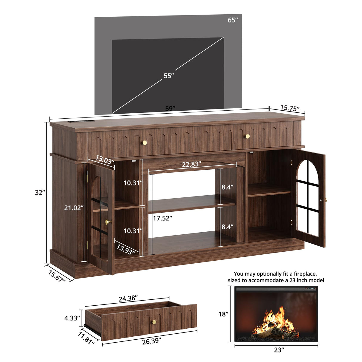 Mid-Century Modern TV Stand with Charging Station - 65 Inch Entertainment Center
