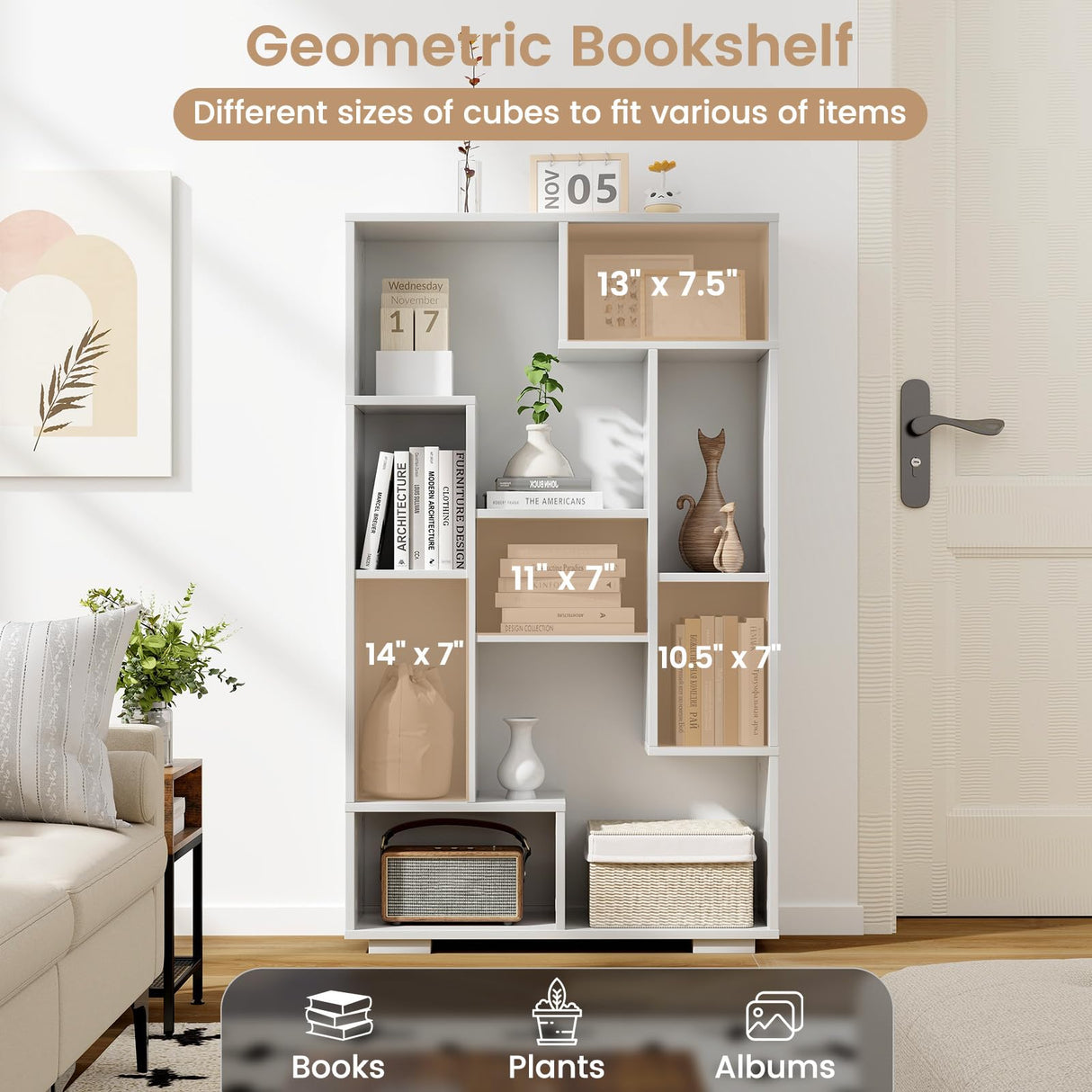 Geometric Bookshelf, 47 Inch Tall Bookcase with Multiple Open Shelves