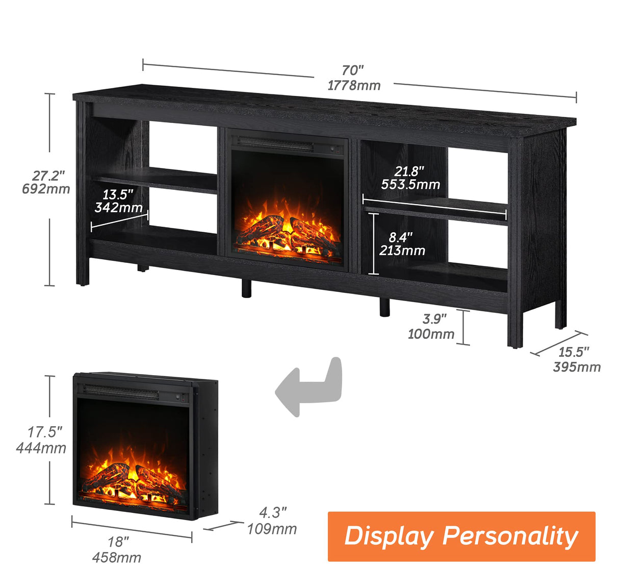 Fireplace TV Stand for 75+ Inch TV with Blue LED Light, Wood Entertainment Center