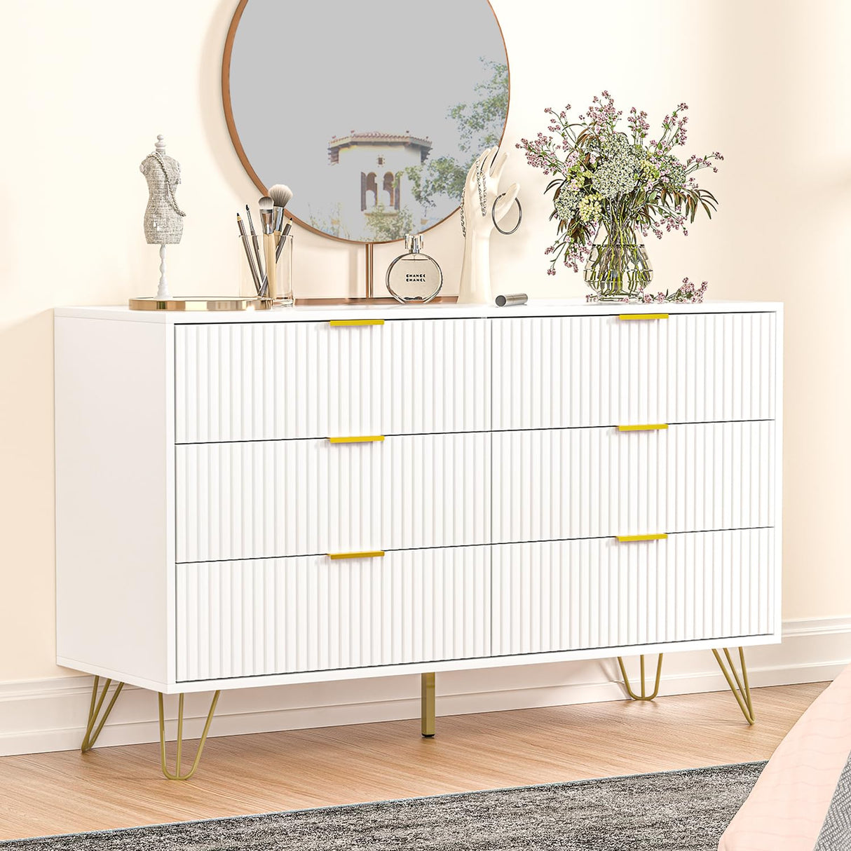 White Dresser, Modern 6-Drawer Dresser for Bedroom