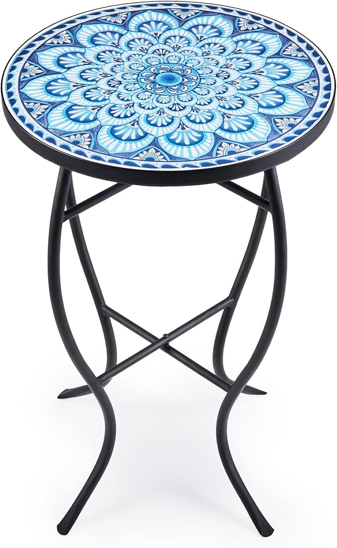 Mosaic Side Table and Plant Stand, 21" Round End Table with 14" Ceramic Tile Top