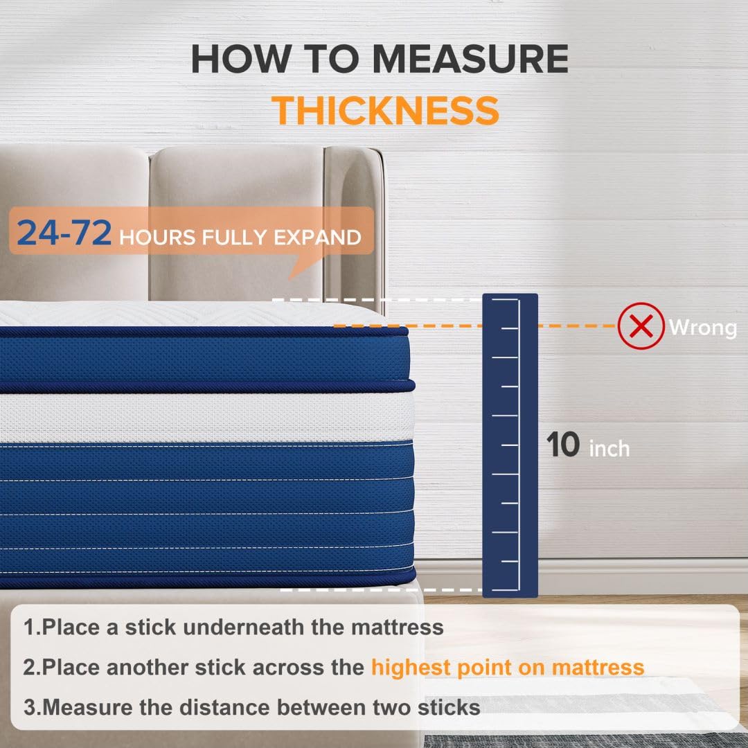 Full Size Mattress, 10 Inch Hybrid Mattress with Individual Pocketed Coil Springs and High