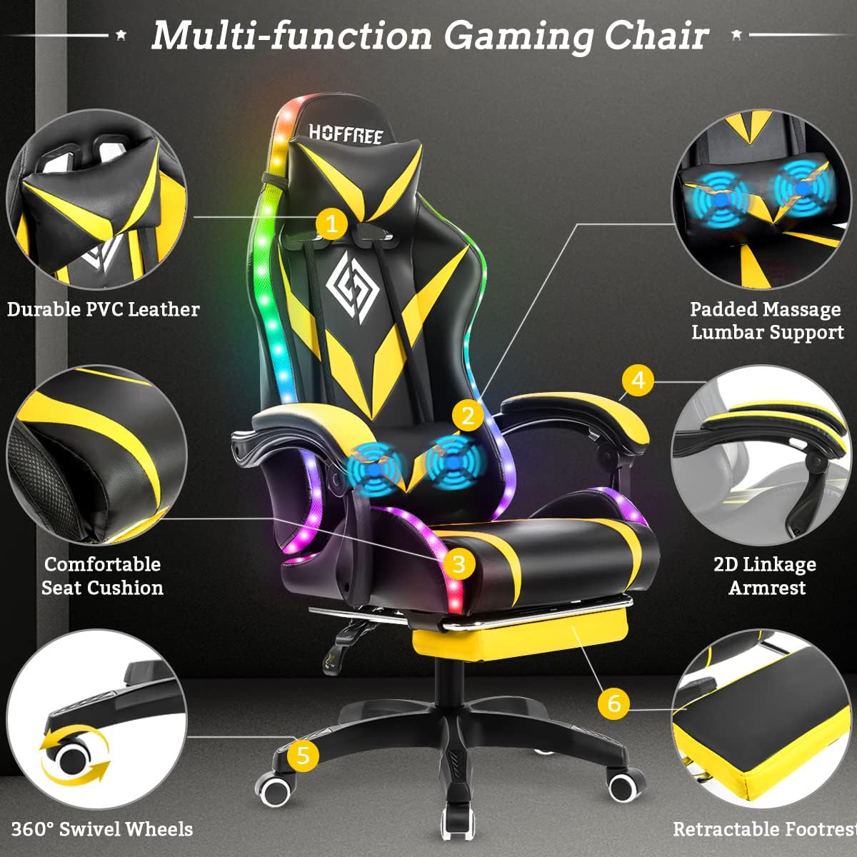 Ergonomic Gaming Chair with Massage, Bluetooth Speakers & RGB LED Lights