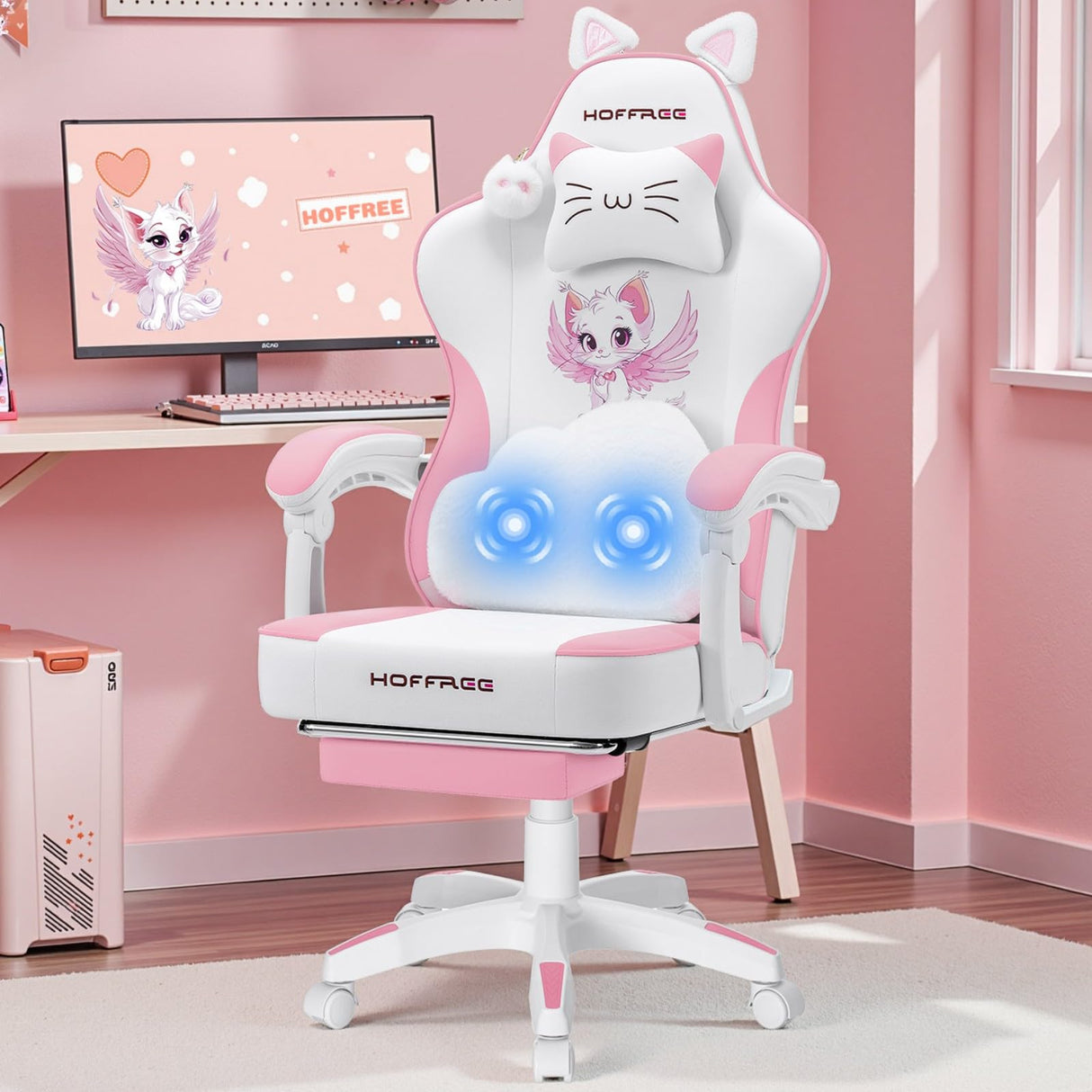 Pink Gaming Chair with Cat Ears and Footrest