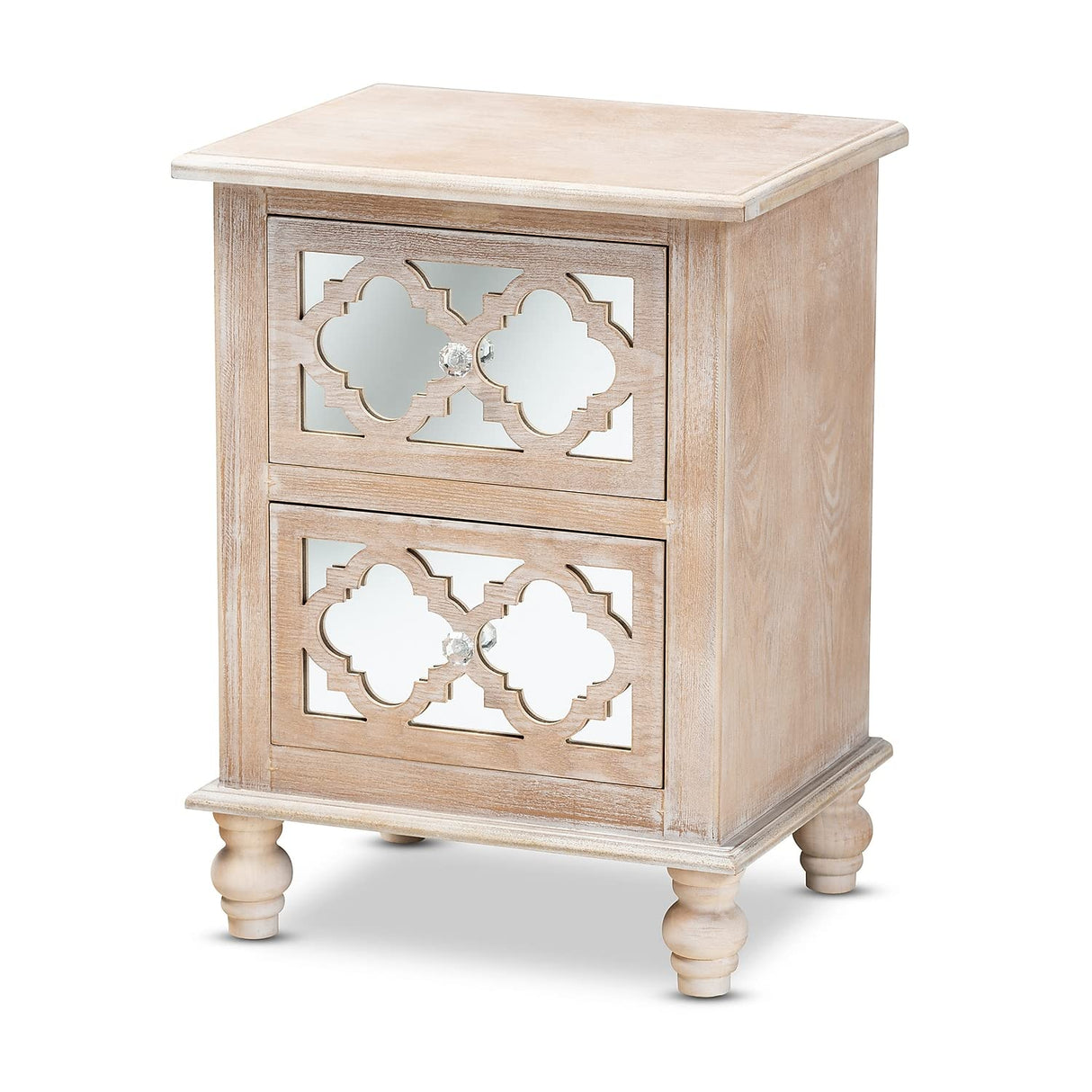 Washed Wood and Mirror 2-Drawer Quatrefoil Nightstand