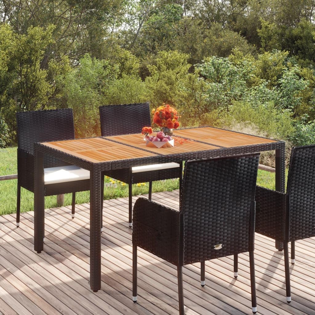 Outdoor Patio Dining Table with Acacia Wood Top - Black Poly Rattan 59.1"x35.4"