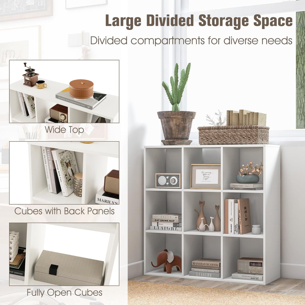 9-Cube Bookshelf, Wooden Open Bookcase, Dual Anti-Tipping Kits, Freestanding Modern Cube Storage Display Shelf for Living Room Kid's Room (White, 9-Cube)