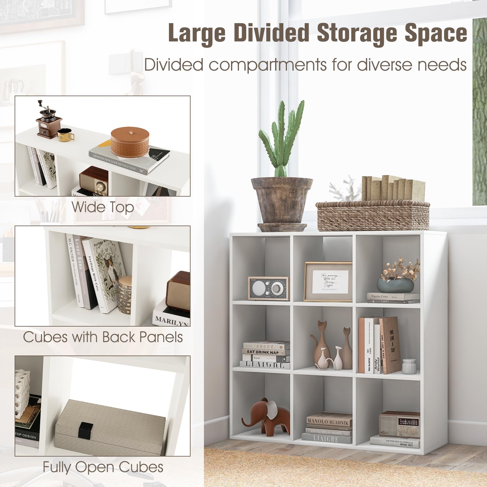 9-Cube Bookshelf, Wooden Open Bookcase, Dual Anti-Tipping Kits, Freestanding Modern Cube Storage Display Shelf for Living Room Kid's Room (White, 9-Cube)