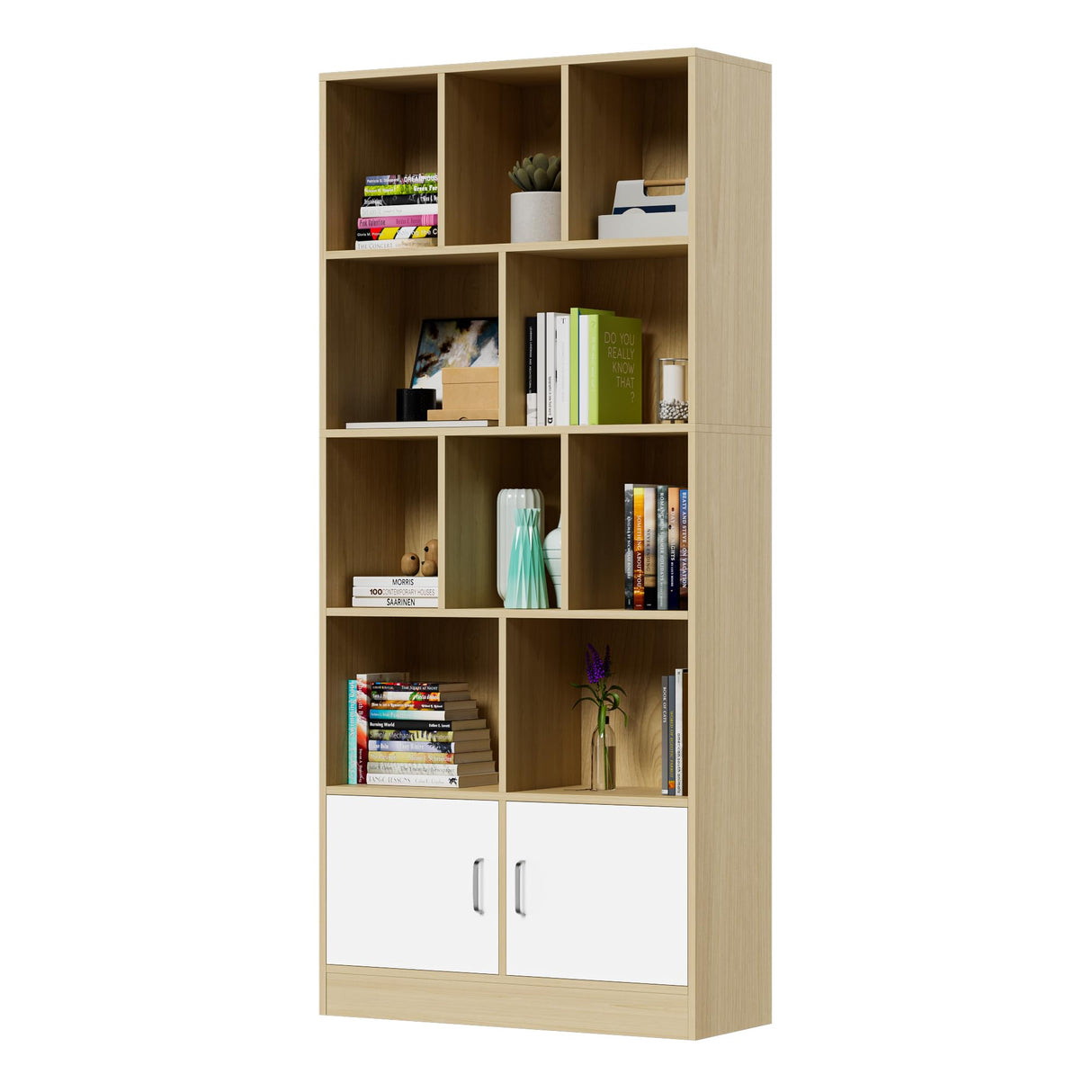 Castle 70" Tall Bookshelf with 12 Cubes and 2 Doors, 4-Tier Open Shelf Bookcase with Cabinet, Modern Cube Storage Organizer for Living Room, and Office, Oak & White